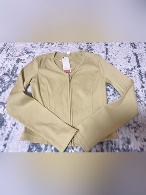 Women's Zip-Front Ribbed Blouse in Light Olive